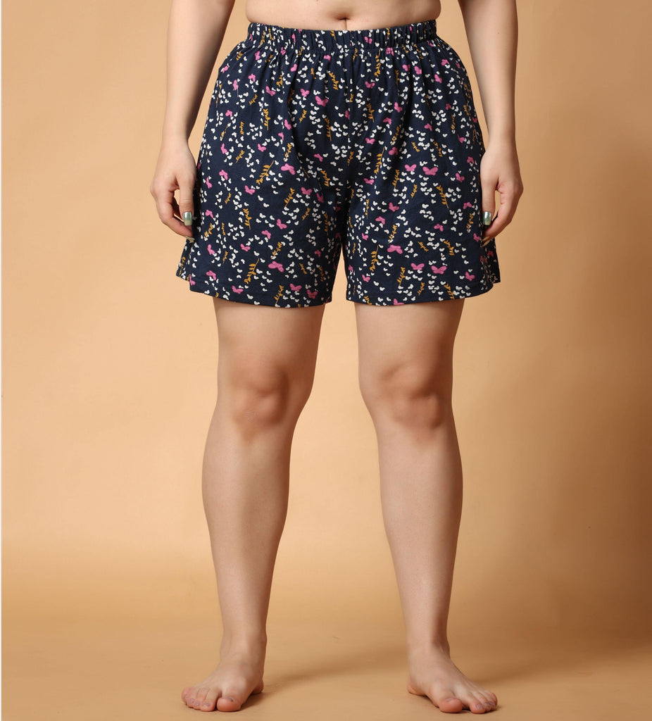 Model wearing Cotton Lycra Shorts with Pattern type: Butterfly Floral-2