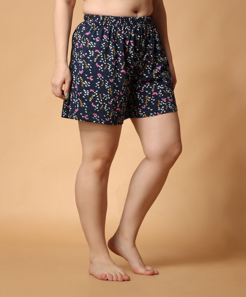 Model wearing Cotton Lycra Shorts with Pattern type: Butterfly Floral-4