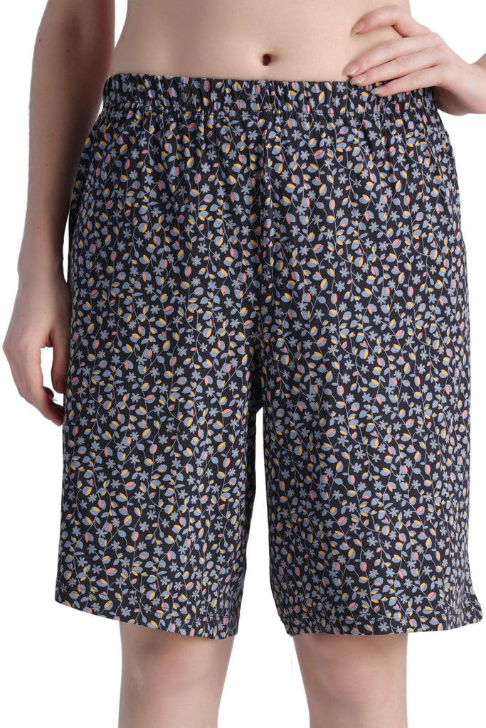 Model wearing Viscose Crepe Shorts with Pattern type: Floral-3