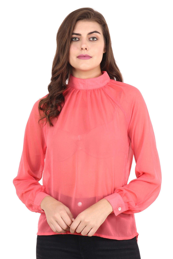 Model wearing Polyster Chiffon Top with Pattern type: Solid-5