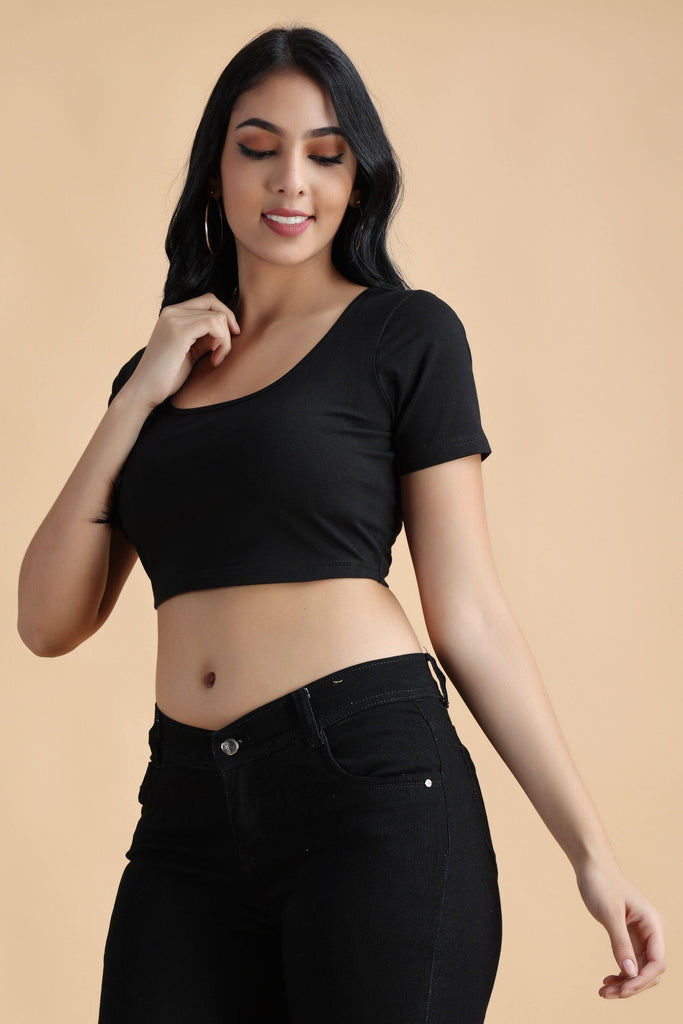 Model wearing Cotton Crop Top with Pattern type: Solid-46