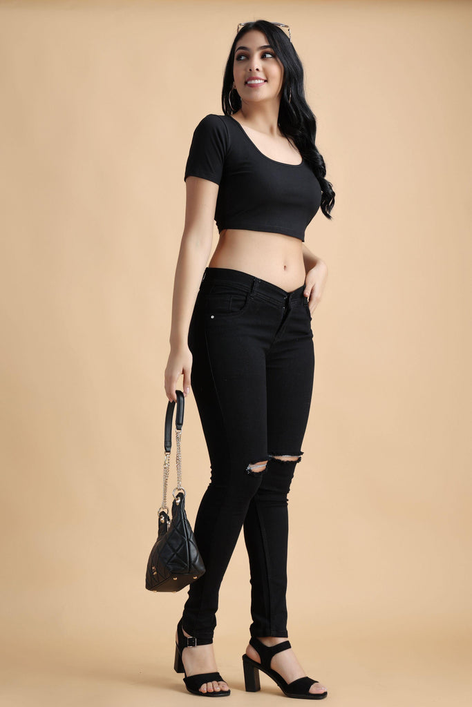 Model wearing Cotton Crop Top with Pattern type: Solid-48
