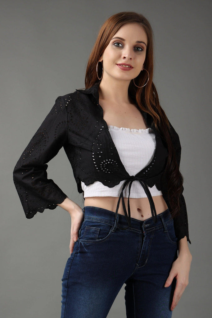 Model wearing Cotton Shrug with Pattern type: Solid-11
