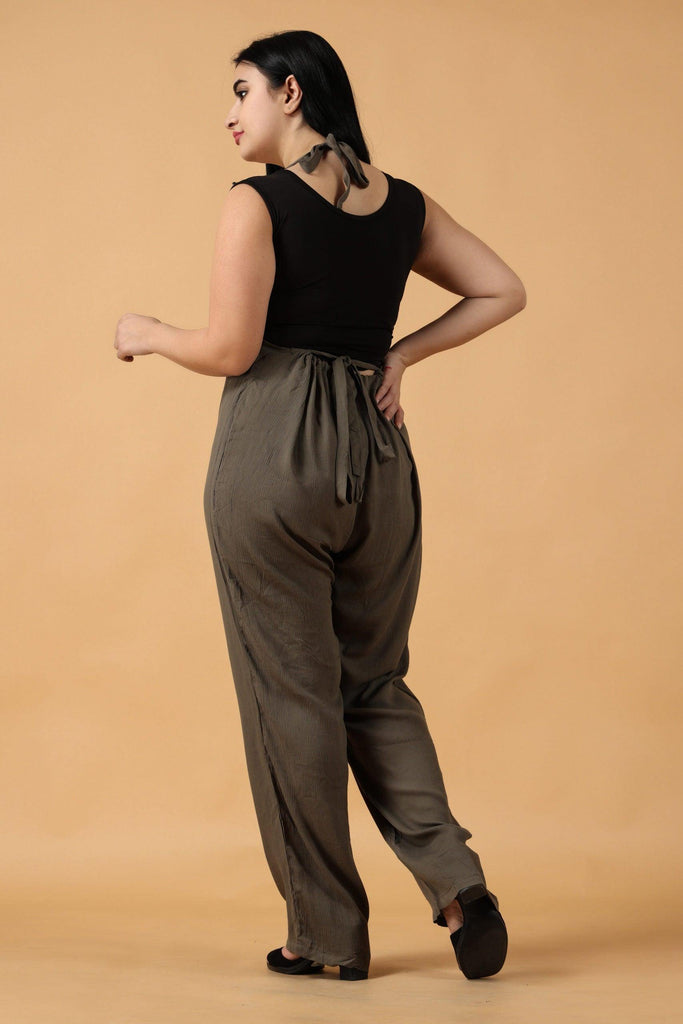 Model wearing Viscose Crepe Jumpsuit with Pattern type: Solid-9