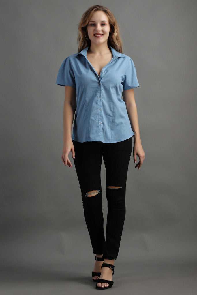 Model wearing Cotton Poplin Shirt with Pattern type: Solid-18