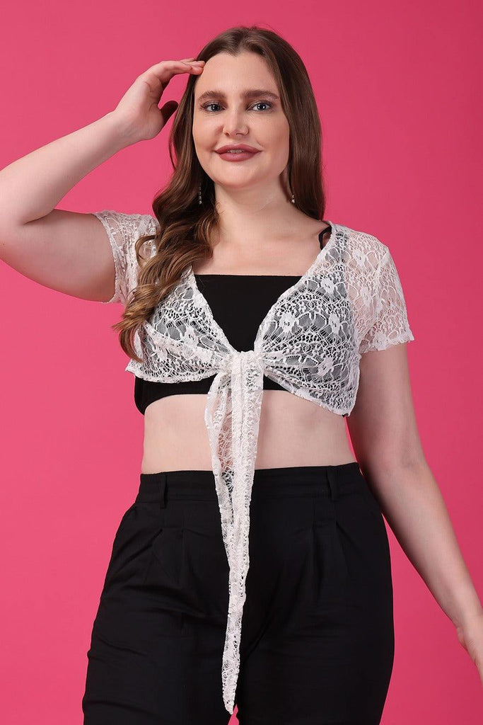 Model wearing Polyester Shrug with Pattern type: Self-3