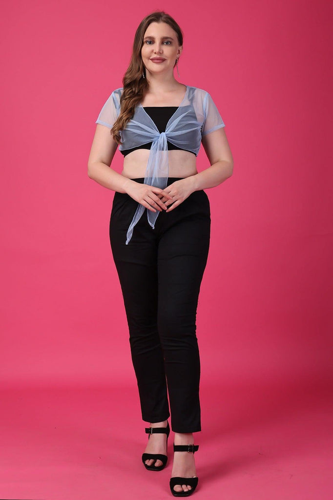 Model wearing Polyester Shrug with Pattern type: Solid-25