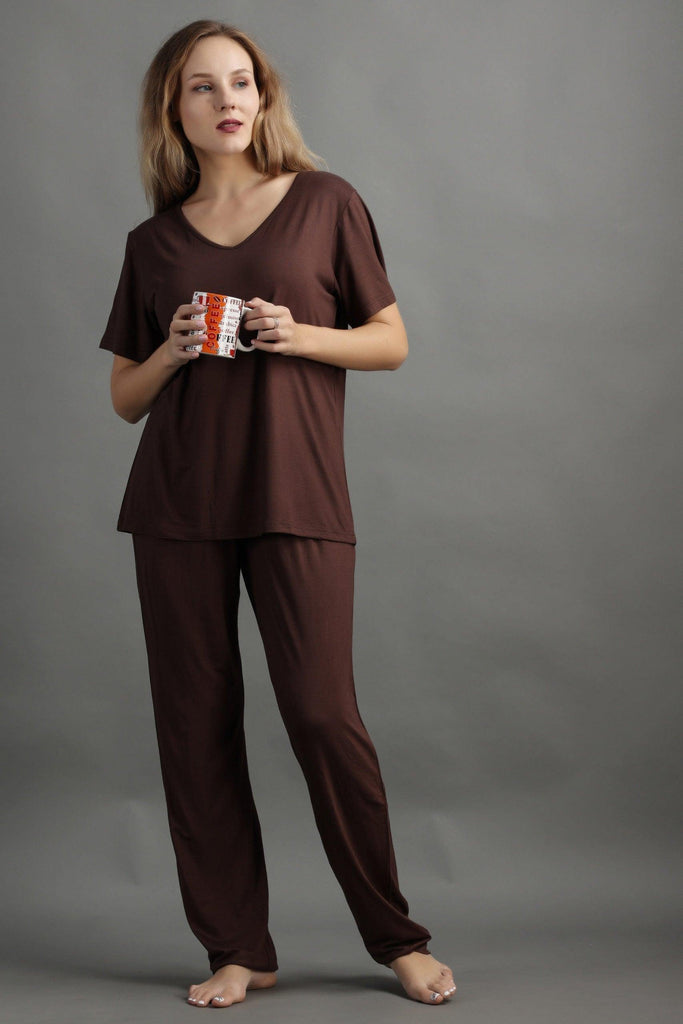 Model wearing Viscose Night Suit Set with Pattern type: Solid-2