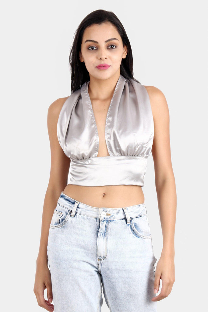 Model wearing Satin Crop Top with Pattern type: Solid-18