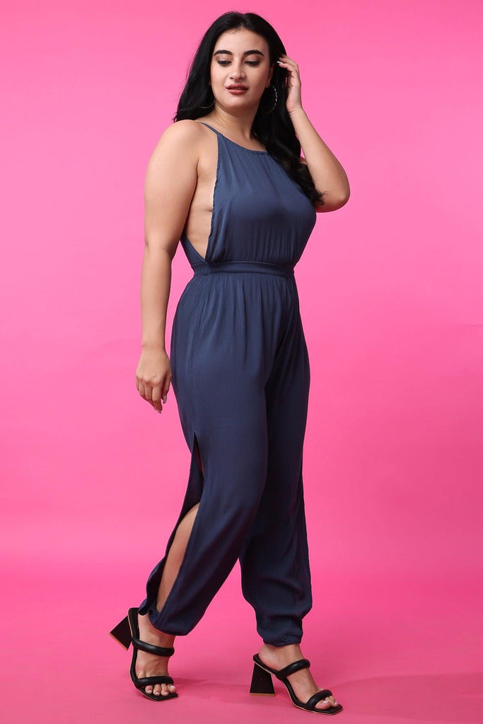 Model wearing Viscose Crepe Jumpsuit with Pattern type: Solid-4