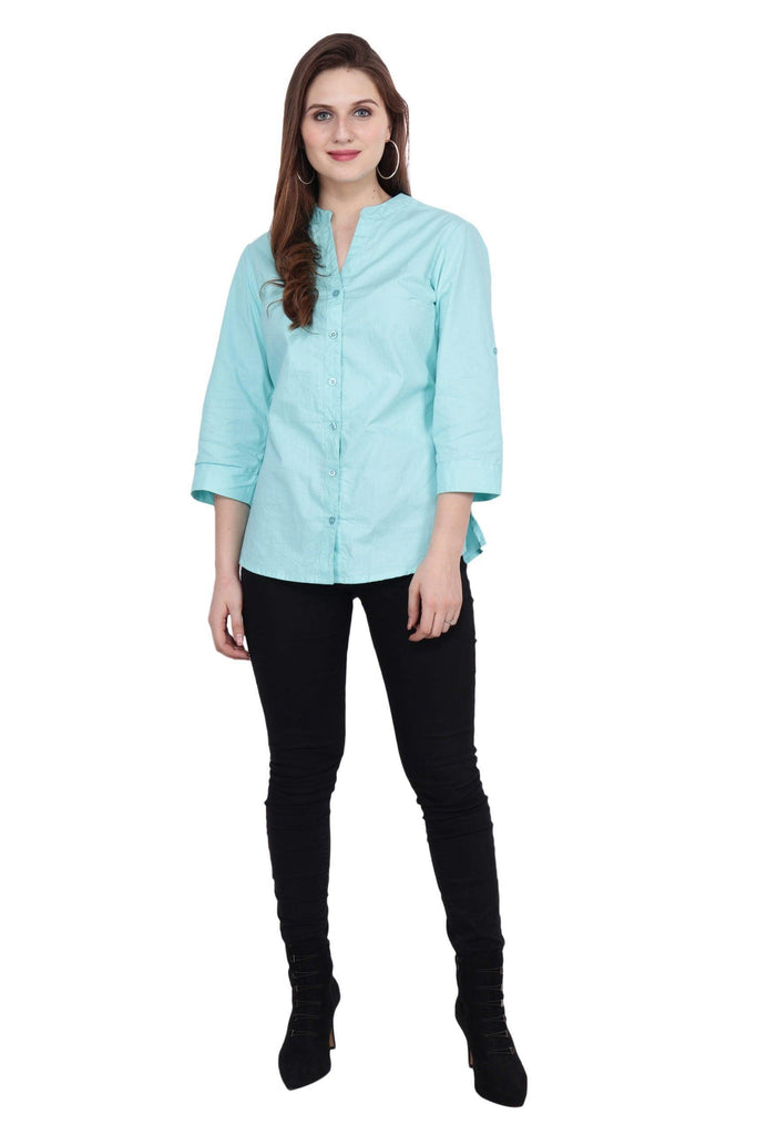 Model wearing Cotton Poplin Shirt with Pattern type: Solid-2