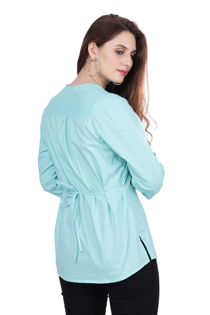 Model wearing Cotton Poplin Shirt with Pattern type: Solid-5