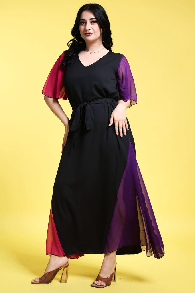 Model wearing Poly Blended Maxi Dress with Pattern type: Solid-3