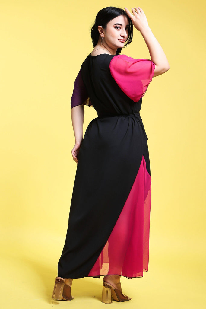 Model wearing Poly Blended Maxi Dress with Pattern type: Solid-5