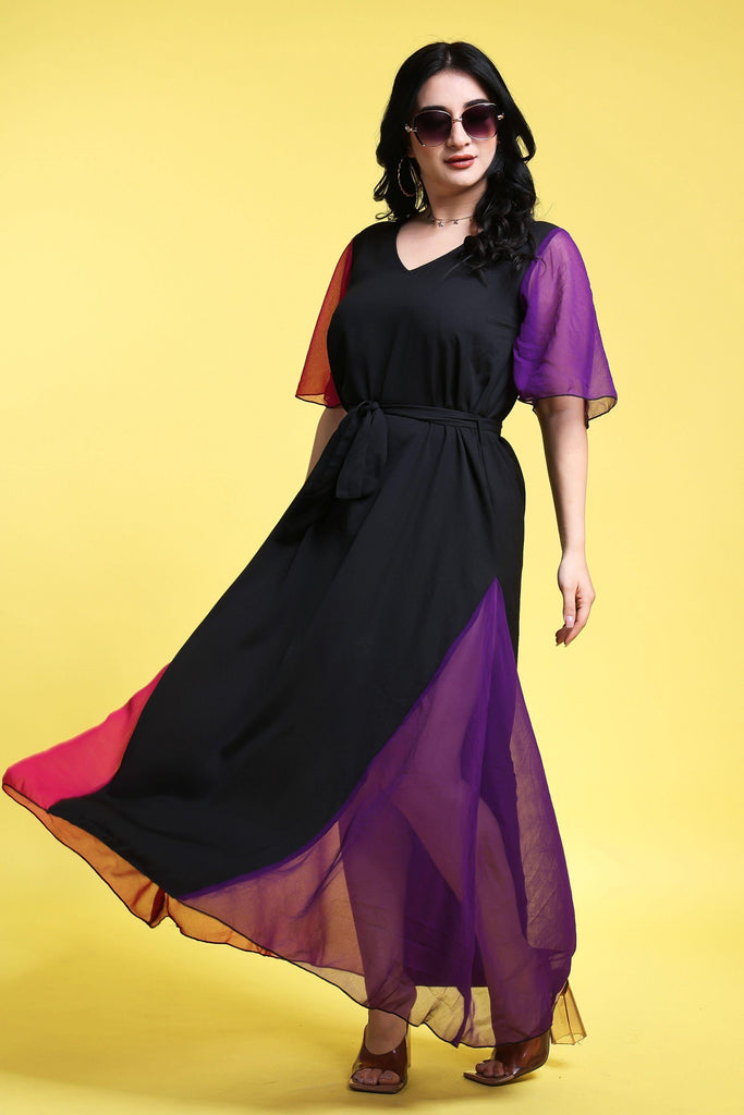 Model wearing Poly Blended Maxi Dress with Pattern type: Solid-6