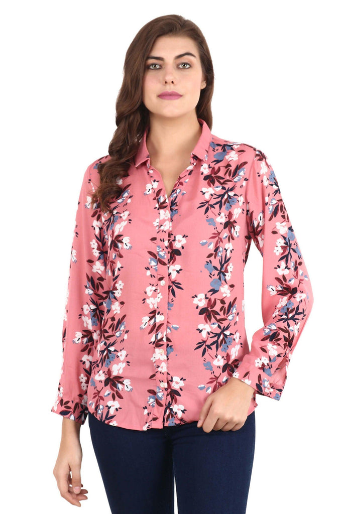 Model wearing Poly Crepe Shirt with Pattern type: Floral-1