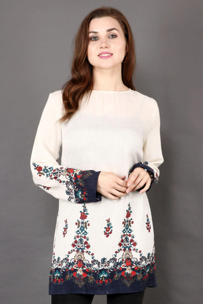 Model wearing Viscose Crepe Tunic with Pattern type: Floral-1