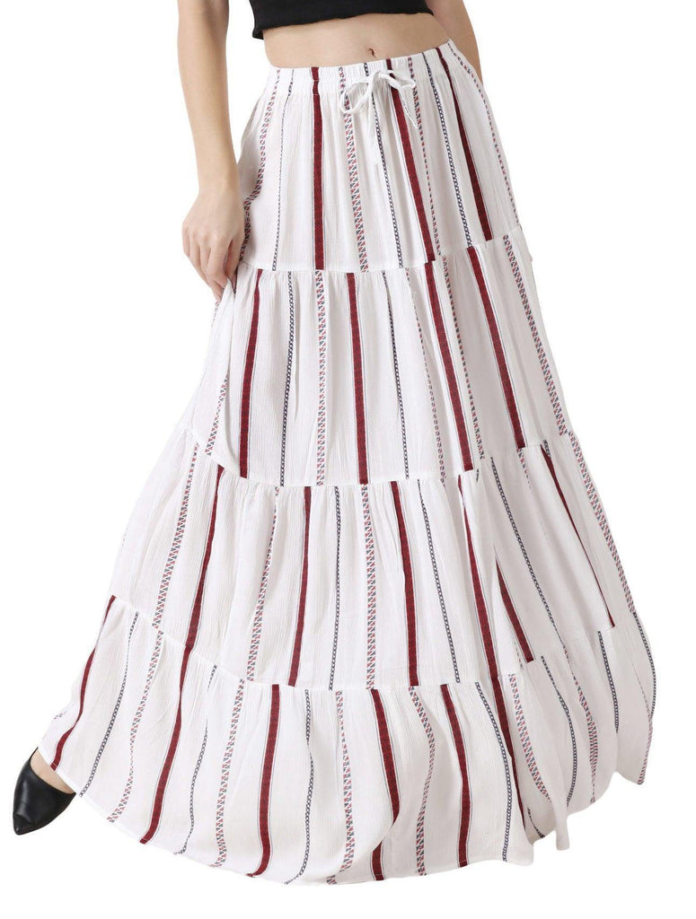 Model wearing Viscose Crepe Maxi Skirt with Pattern type: Striped-1