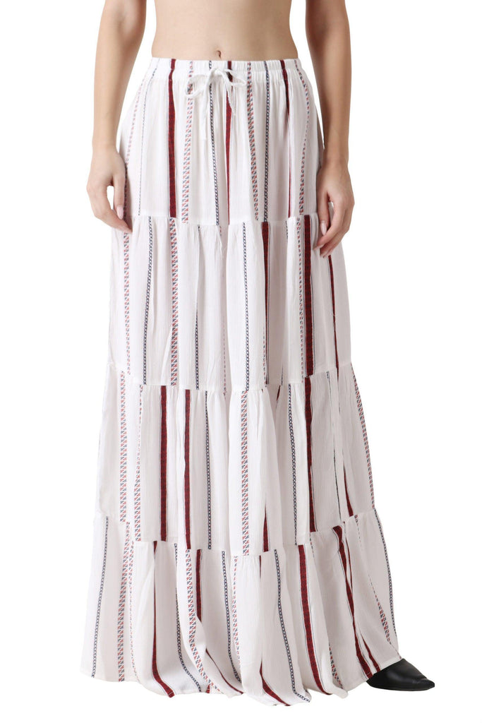 Model wearing Viscose Crepe Maxi Skirt with Pattern type: Striped-5