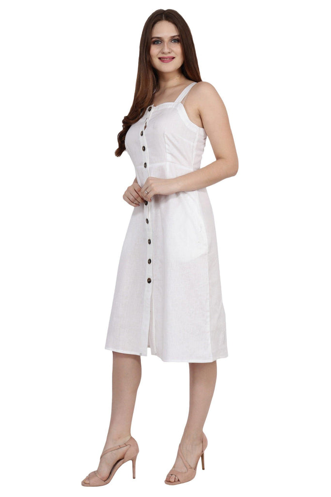 Model wearing Linen Midi Dress with Pattern type: Solid-1