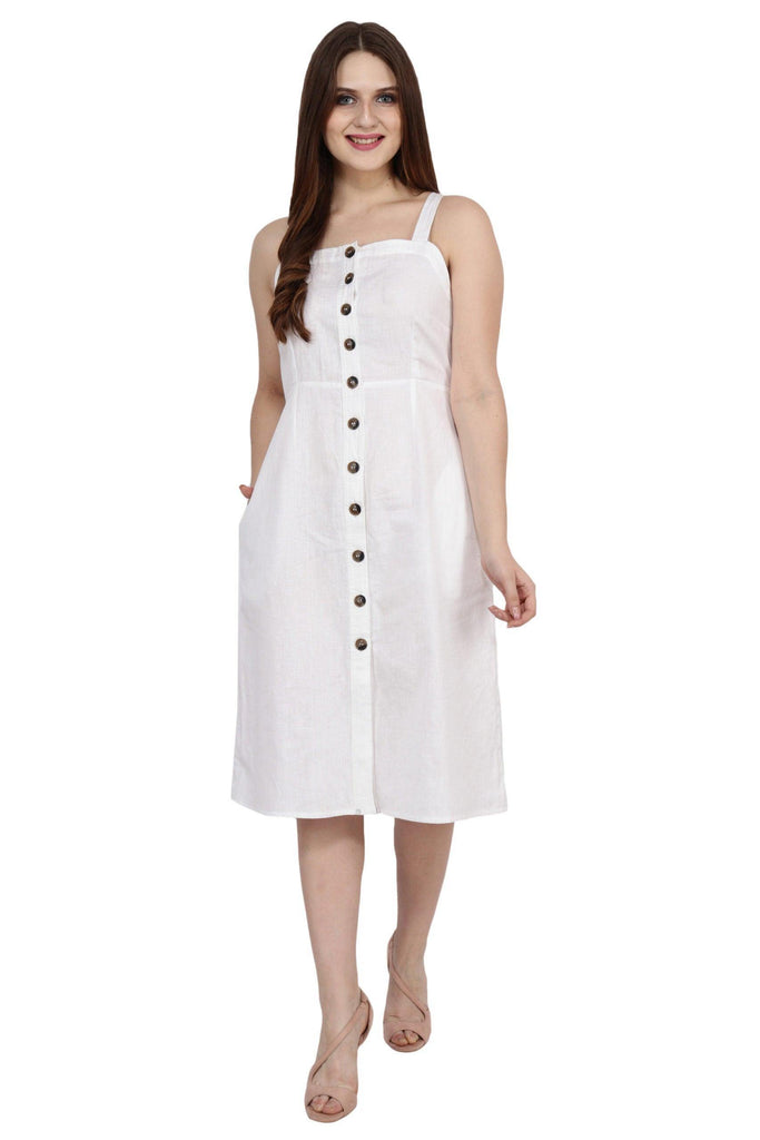 Model wearing Linen Midi Dress with Pattern type: Solid-2