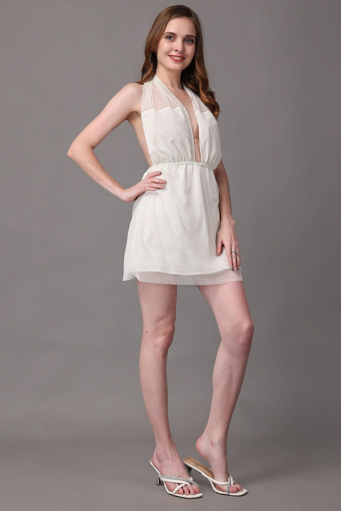 Model wearing Poly Blended Mini Dress with Pattern type: Solid-3