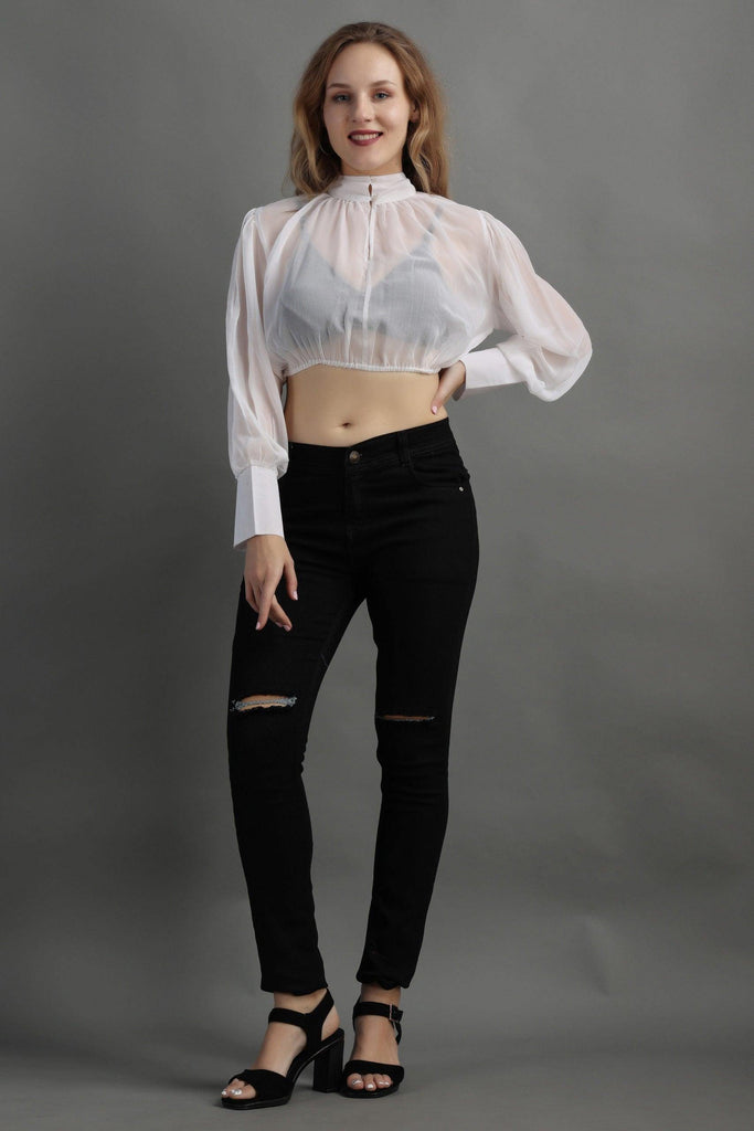 Model wearing Polyster Georgette Crop Top with Pattern type: Solid-1