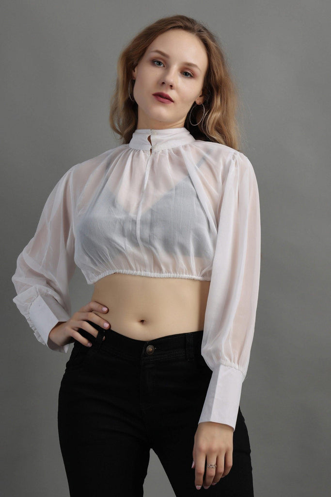 Model wearing Polyster Georgette Crop Top with Pattern type: Solid-2