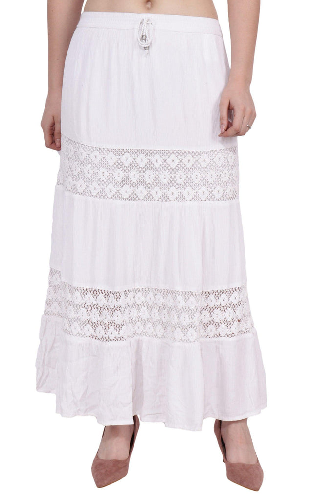 Model wearing Viscose Crepe Maxi Skirt with Pattern type: Solid-5
