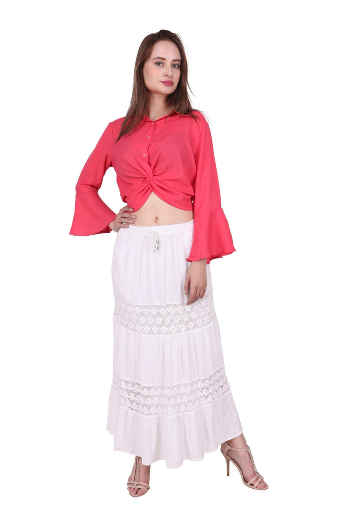 Model wearing Viscose Crepe Maxi Skirt with Pattern type: Solid-10