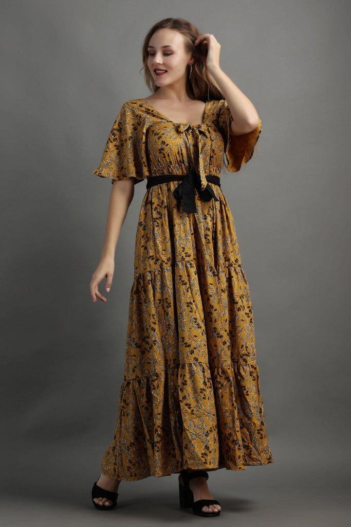 Model wearing Rayon Maxi Dress with Pattern type: Floral-1