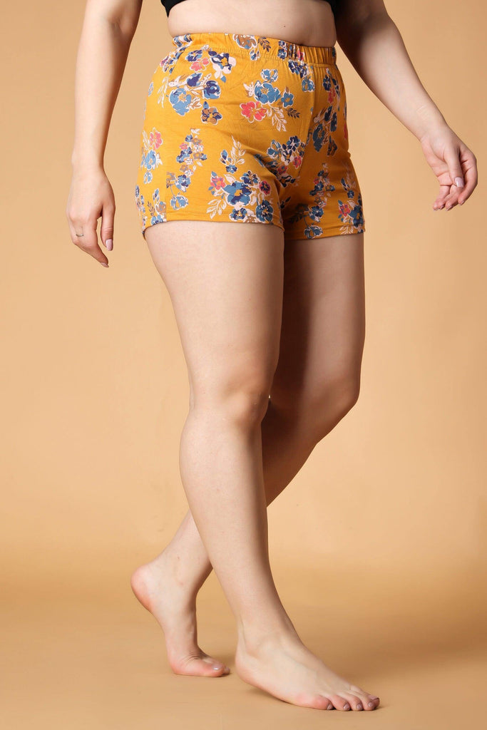 Model wearing Viscose Lycra Shorts with Pattern type: Floral-1