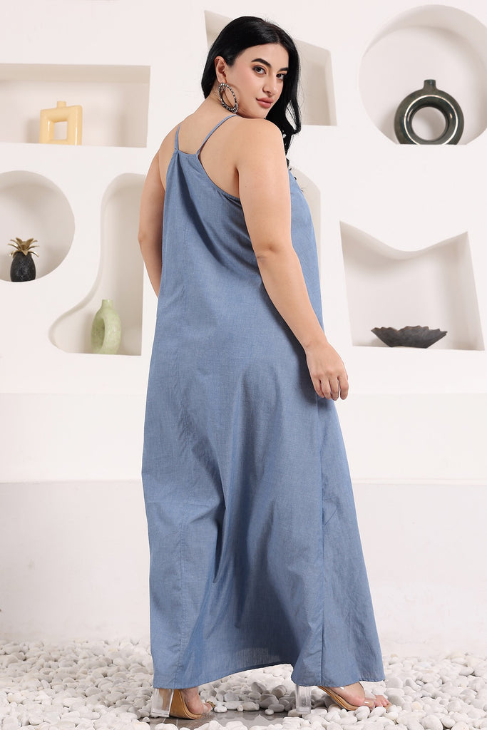 Model wearing Denim Maxi Dress with Pattern type: Solid-1