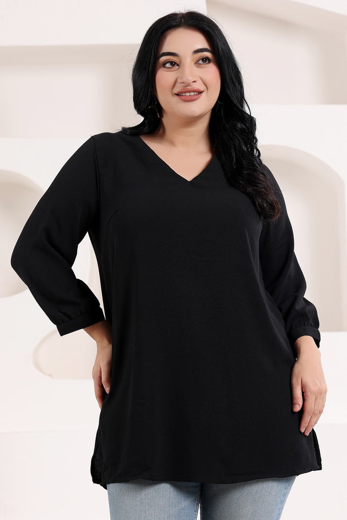 Model wearing Poly Crepe Tunic with Pattern type: Solid-2