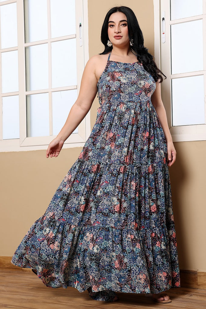 Model wearing Viscose Crepe Maxi Dress with Pattern type: Floral-5