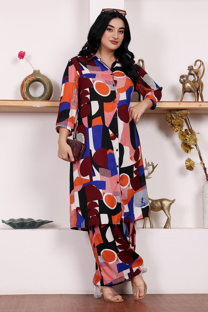 Model wearing Poly Crepe Co-ord Sets with Pattern type: Abstract-3