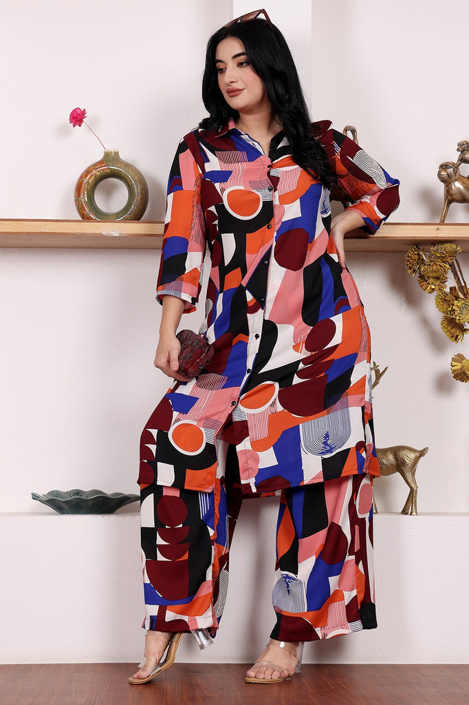 Model wearing Poly Crepe Co-ord Sets with Pattern type: Abstract-6