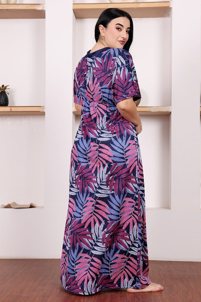 Model wearing Poly Lycra Maxi Night Dress with Pattern type: Leaf-1