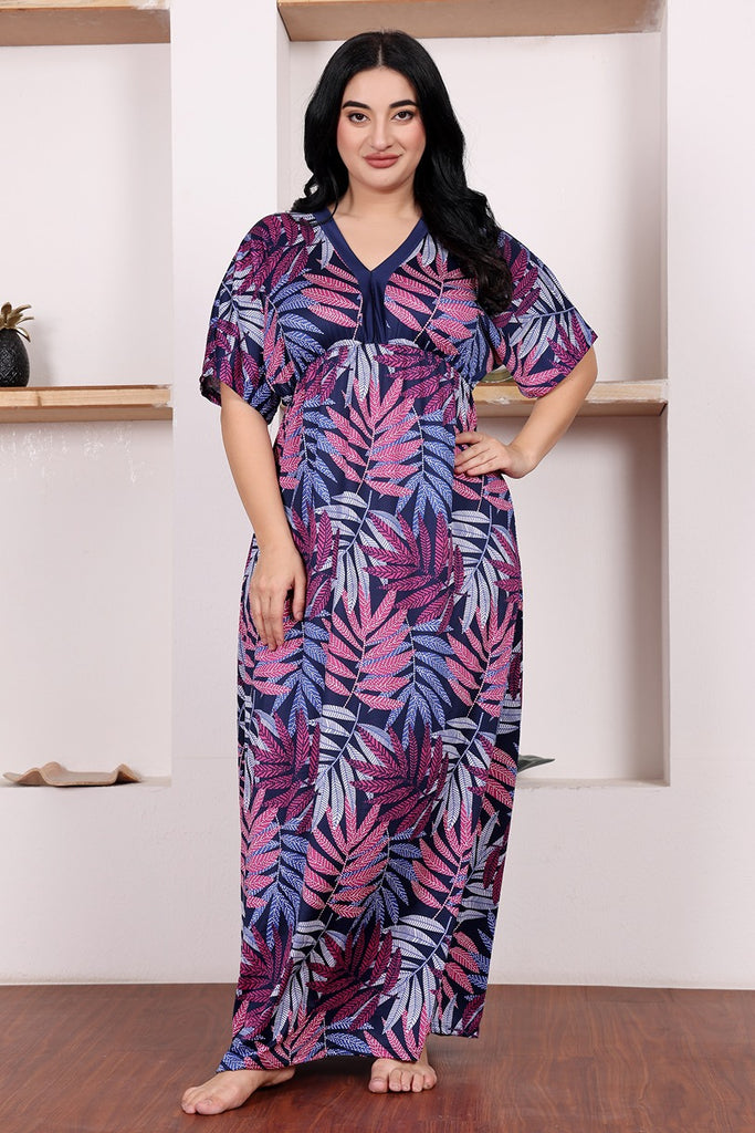 Model wearing Poly Lycra Maxi Night Dress with Pattern type: Leaf-3