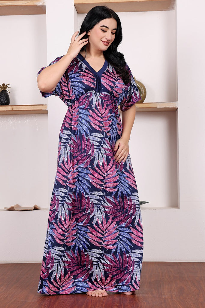 Model wearing Poly Lycra Maxi Night Dress with Pattern type: Leaf-4