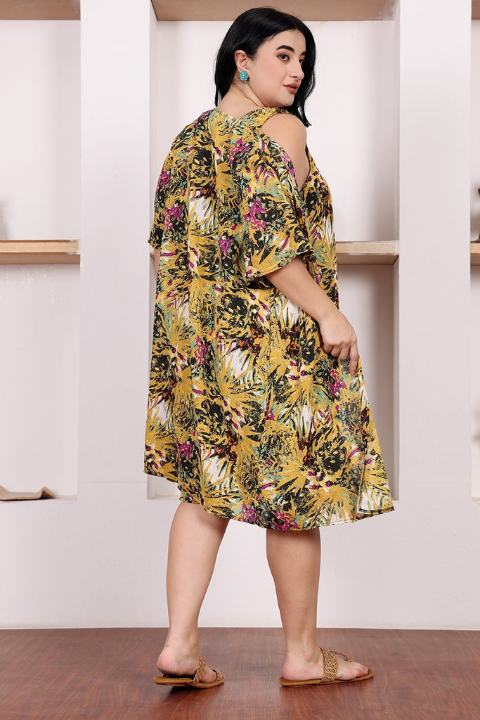 Model wearing Viscose Crepe Mini Dress with Pattern type: Jungle-1