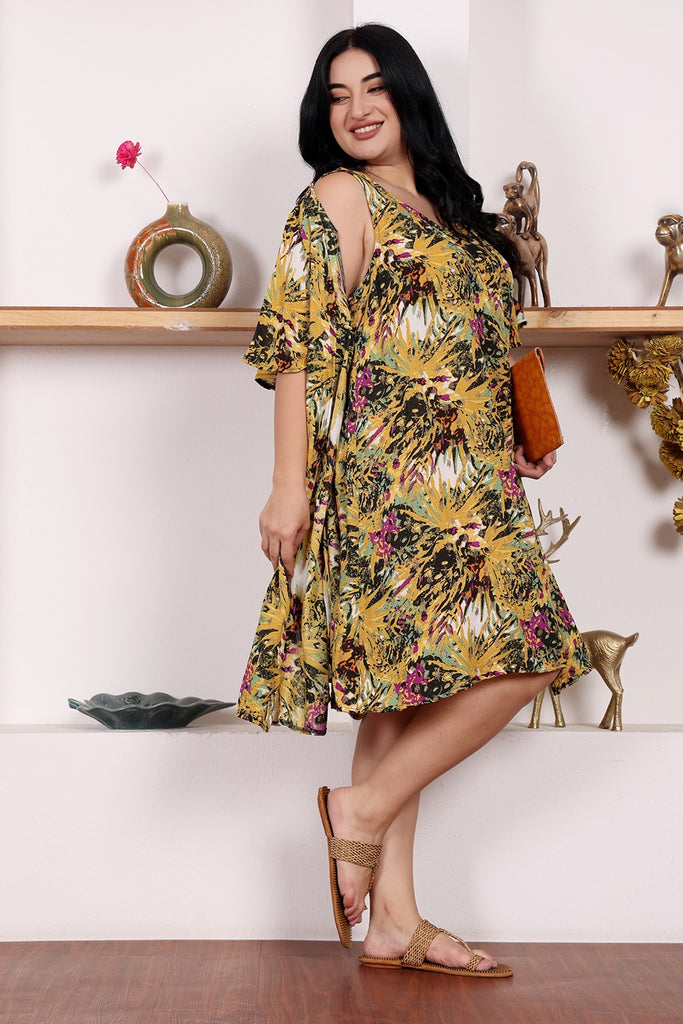 Model wearing Viscose Crepe Mini Dress with Pattern type: Jungle-5