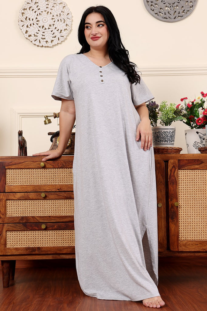 Model wearing Cotton Blended Maxi Night Dress with Pattern type: Solid-2