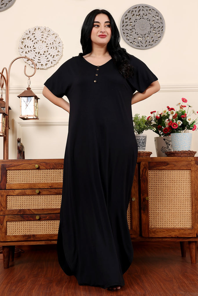 Model wearing Cotton Blended Maxi Night Dress with Pattern type: Solid-8