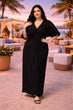 Black Solid Gathered Maxi Dresss