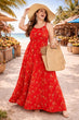 Red & Yellow Leaf Printed Maxi Dress