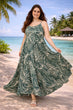 Green & White Leaf Printed Maxi Dress