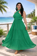 Green Solid Criss Cross Neck Maxi Dress