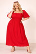 Red Eyelet Maxi Dress with Square Neck and Puff Sleeves