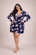 Navy Blue Floral Ruched Waist Dress